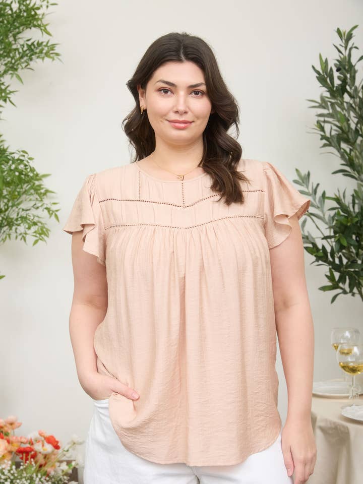 PLUS FRONT LADDER LINE LACE DETAIL FLOUNCE SLEEVE TOP for wholesale by Blu Pepper