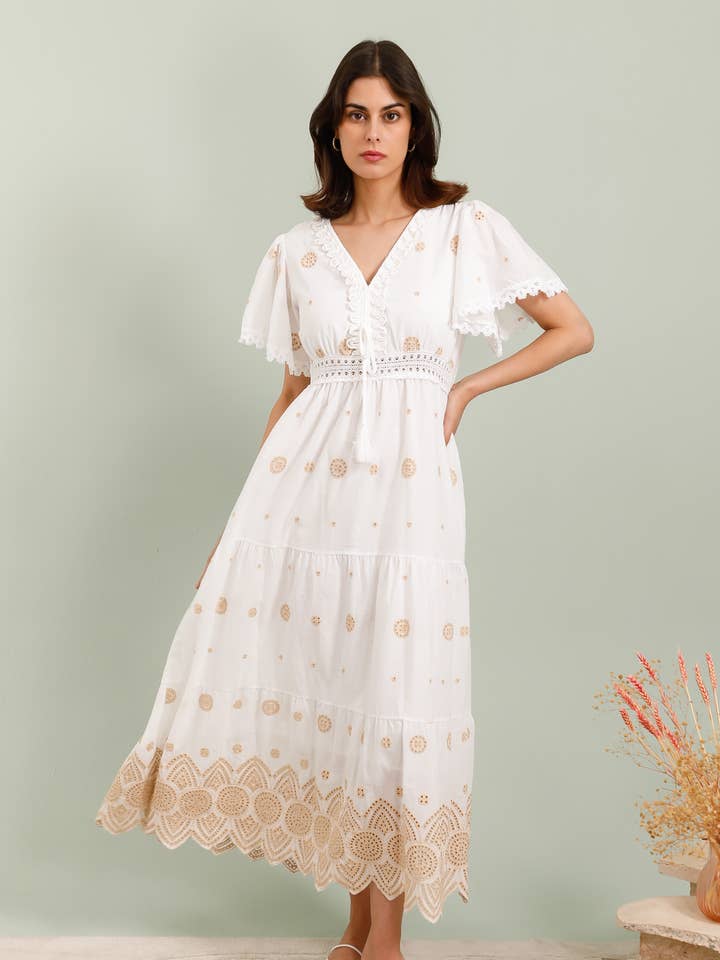 Embroidered Long Dress with Short Sleeves for wholesale by DIX-ONZE