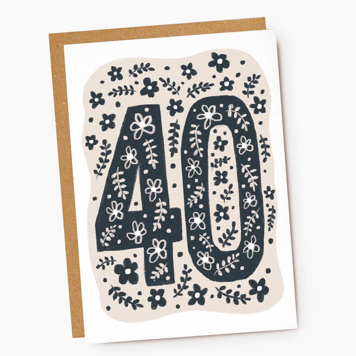 Jade Fisher - Wholesale Birthday Card - 40th Birthday Card - Beige & Navy - Floral