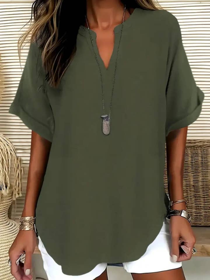 Casual Notched Short Sleeve Blouse for wholesale by Salty Bloom
