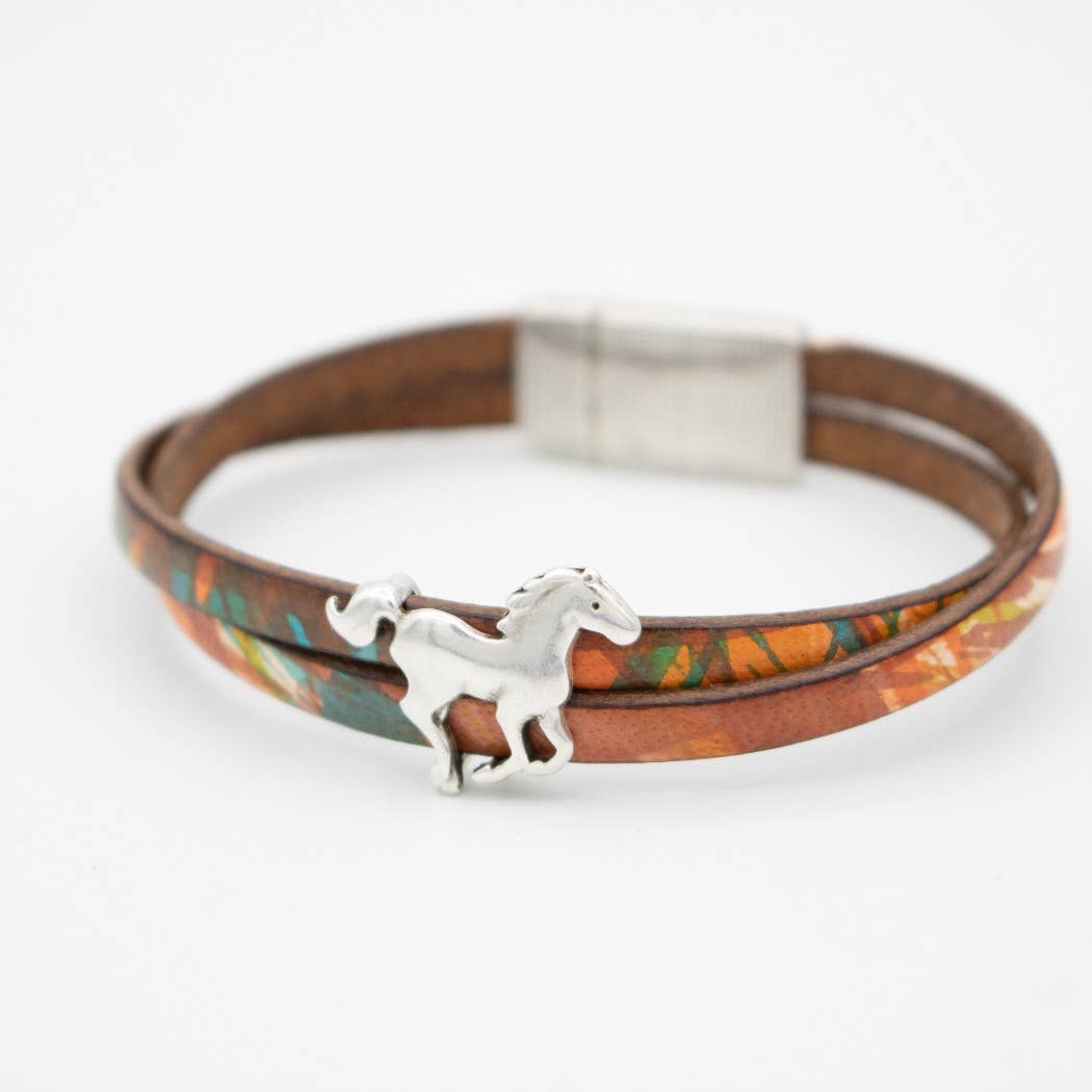 Montana Leather Designs - Wholesale Bangle Bracelet - WP Galloping Horse Leather Bracelet - Giddy Up2
