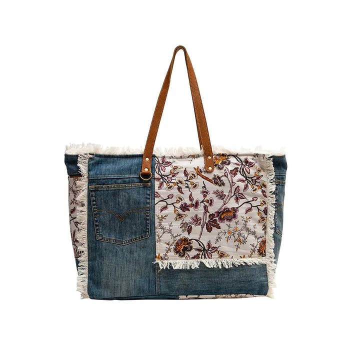 Texas Western Cowhide Bags and More - Wholesale Weekender Bag - Women's - Floral and Denim Weekender Travel Bag Myra