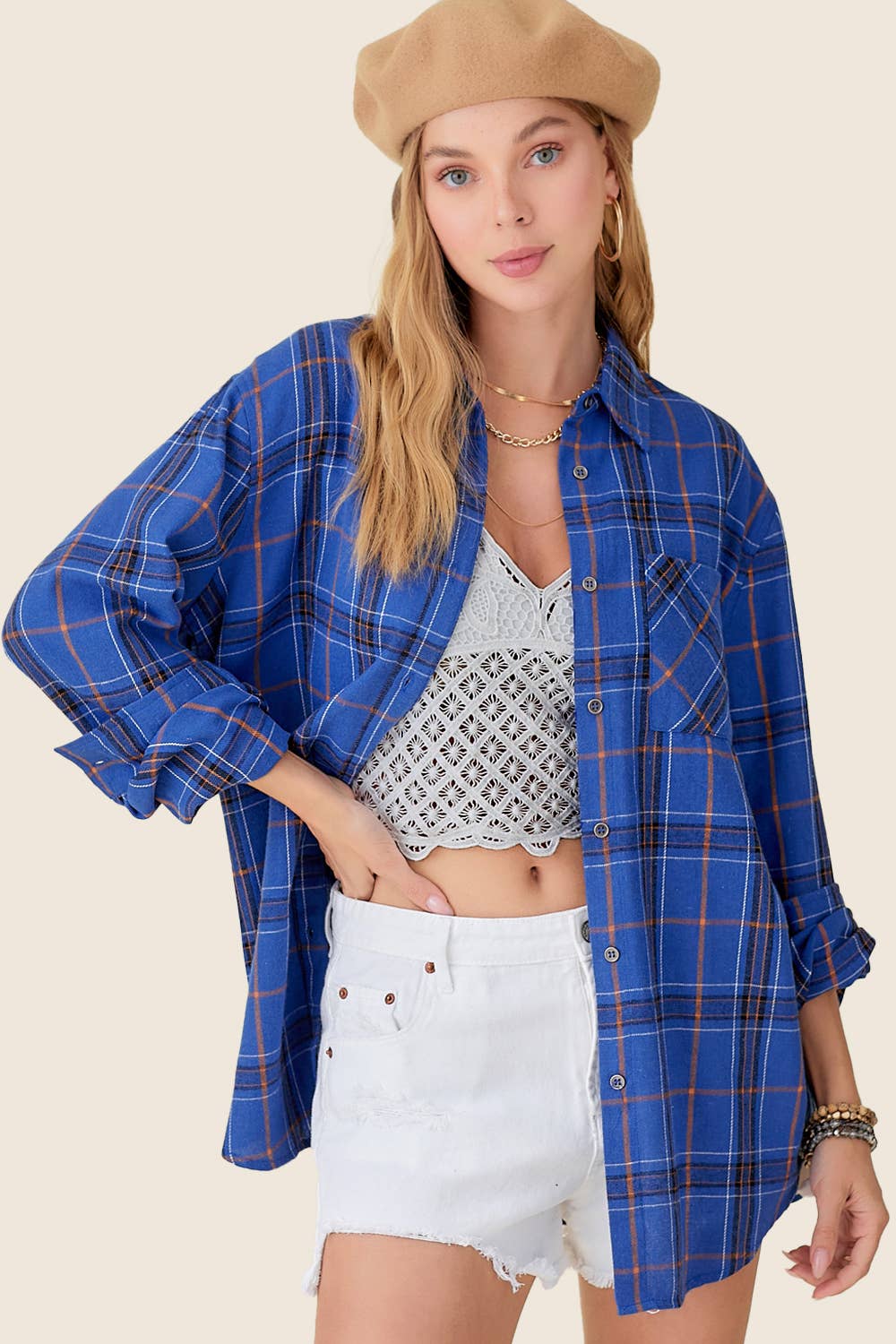La Miel - Wholesale Button Down Shirt - Women's - SRT1312-Loose Fit Button Down Soft Fabric Plaid Shirts12