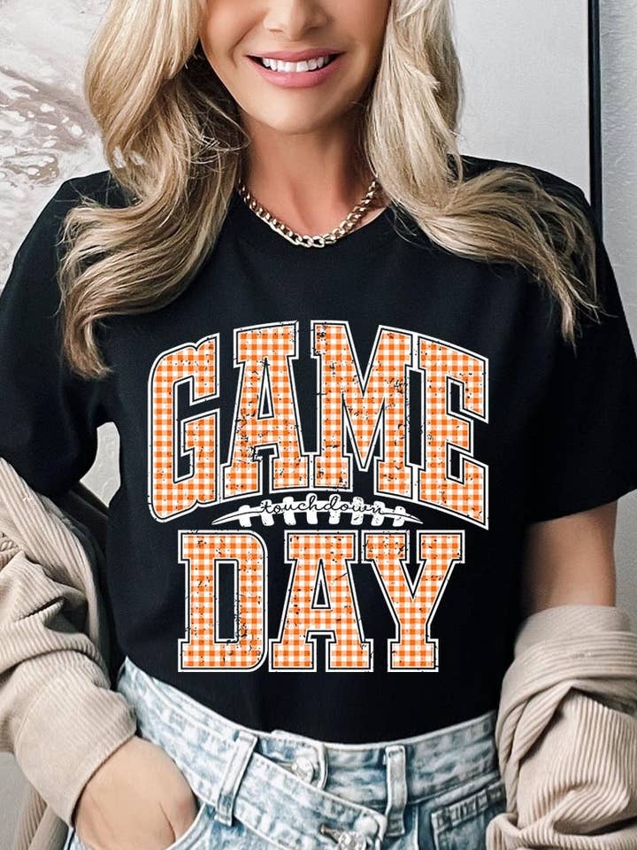 COLORBEAR - Wholesale T-Shirt (Graphic) - Women's - Orange Gingham Game Day Graphic Tee21