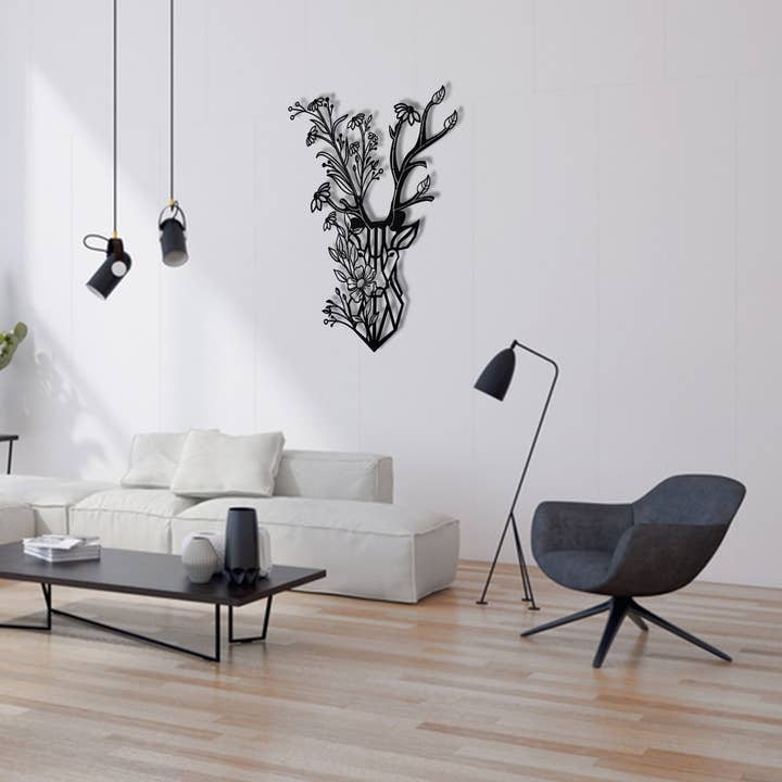 benjashop – wholesale Dimensionell/3D-väggkonst – Rustik Buck hjort väggdekor, silhuett blommig metallkonst