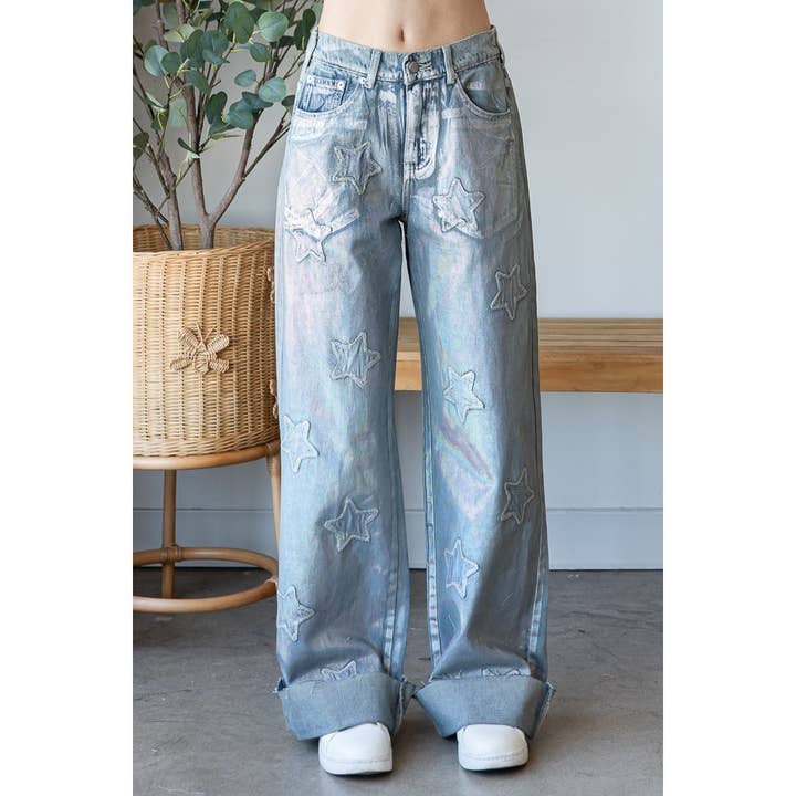 WASHED FOIL LOVE PATCHWORK DENIM JEANS for wholesale on Faire