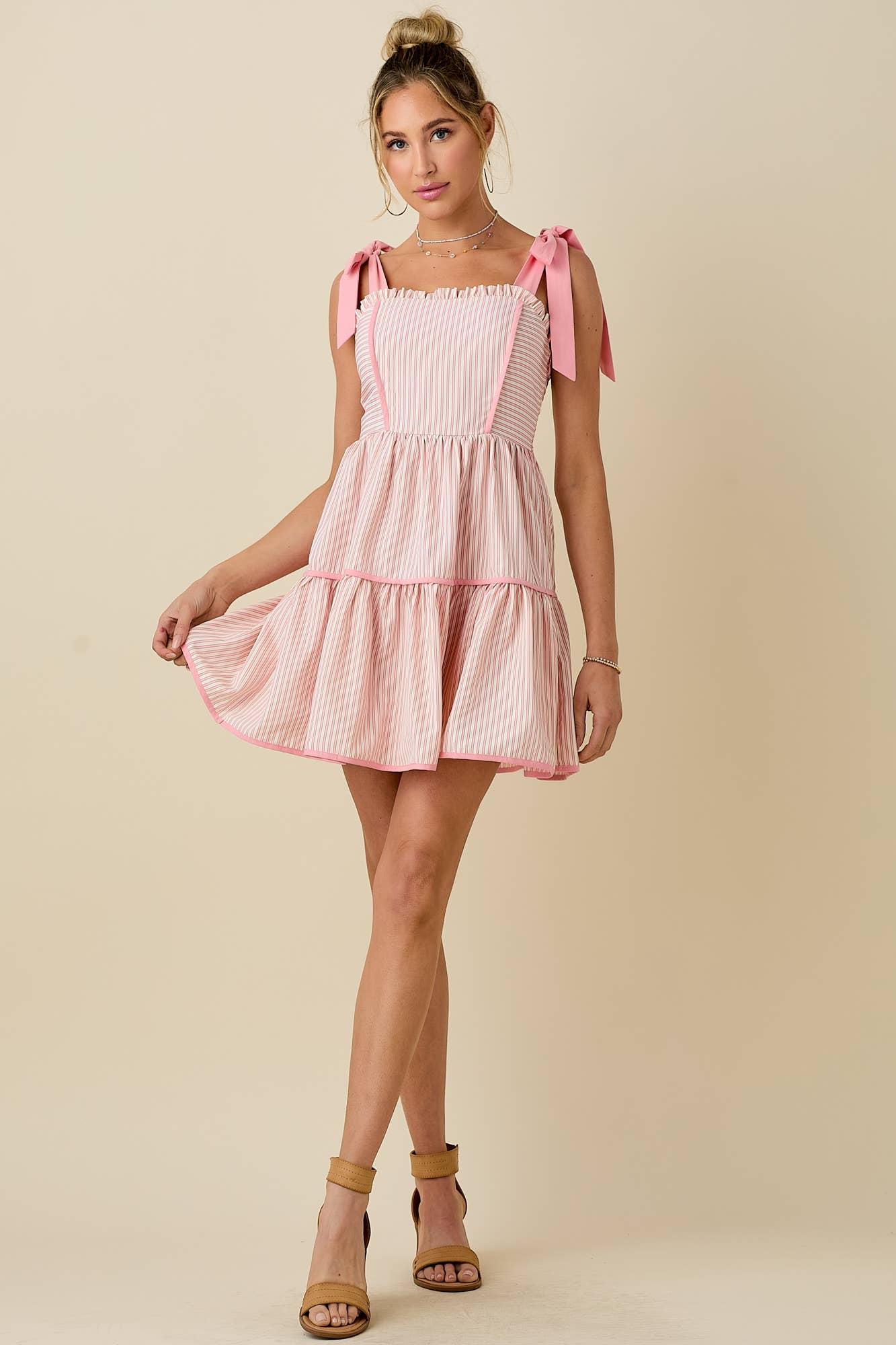 WHITE PINK Stripe mini dress with ribbon shoulder strap for wholesale on Faire15