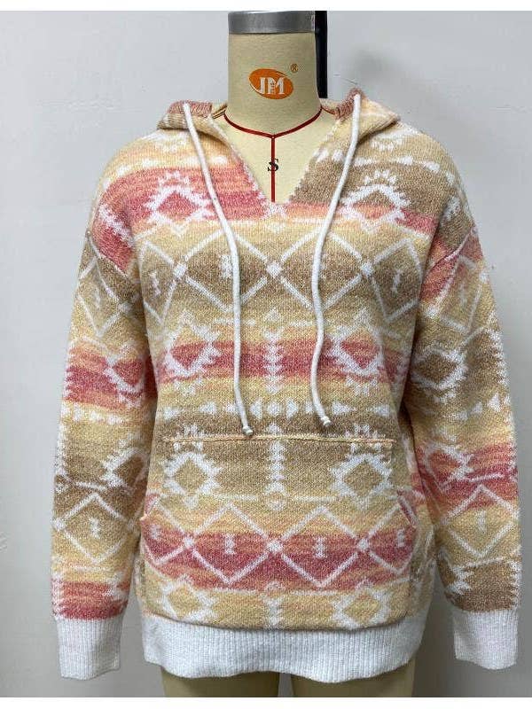 Sudadera con Capucha Azteca de Mujer Multicolor Crema con Ribete Blanco KF23449 para venta al por mayor de Kamana
