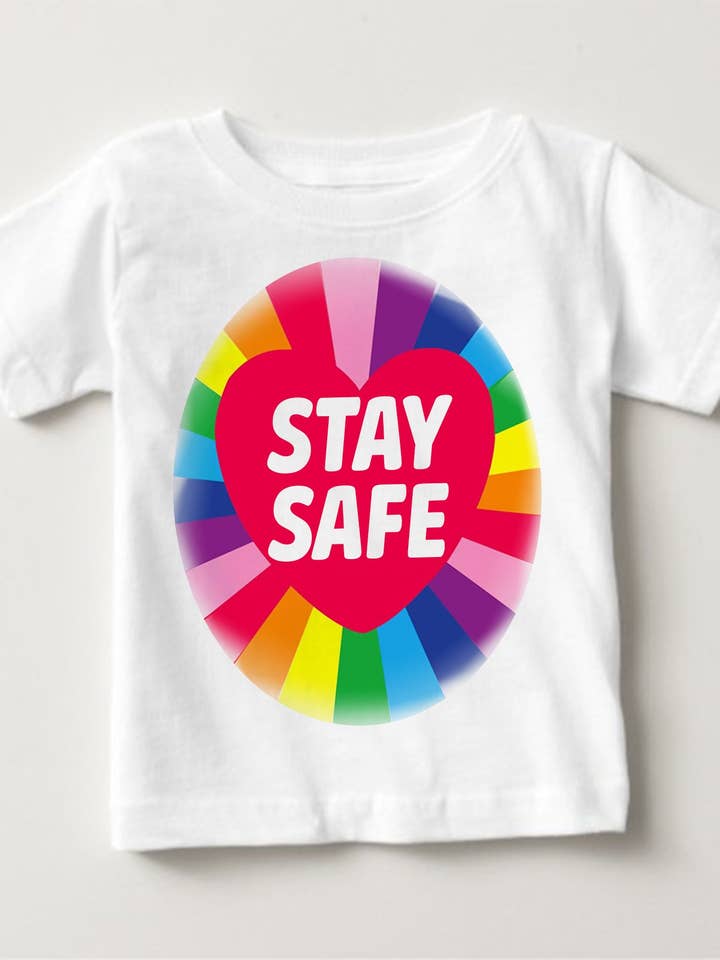 Camiseta de algodón suave para bebés Rainbow Stay Safe, regalo para niños y niñas trabajadores clave para venta al por mayor de Little Ratbag