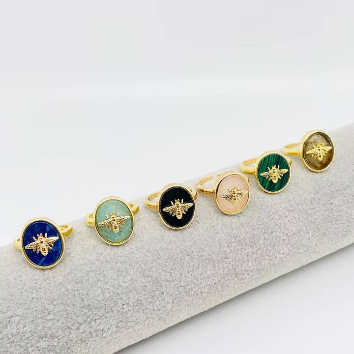 Mio Queena - Wholesale Cocktail/Statement Ring - Natural Stone Golden Bee Opening Adjustable Ring - CS6