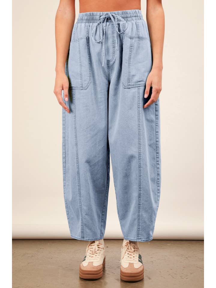NP70739-Washed Chambray Barrel Denim Pants for wholesale on Faire