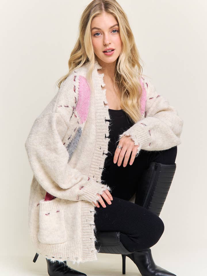 CESW4186-PATCHWORK DIAMOND FUZZY CARDIGAN for wholesale by ADORA LA