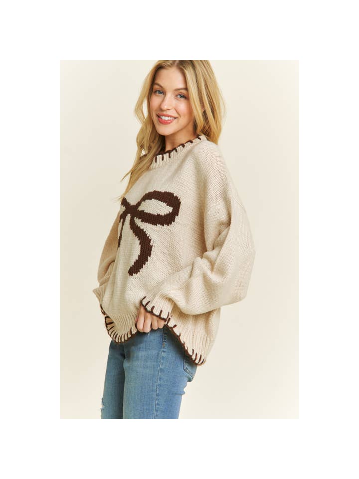 Sweet Generis - Wholesale Knit Sweater - Women's - HOLIDAY BIG BOW SWEATER PULLOVER WITH CONTRAST EDGE STITCHES