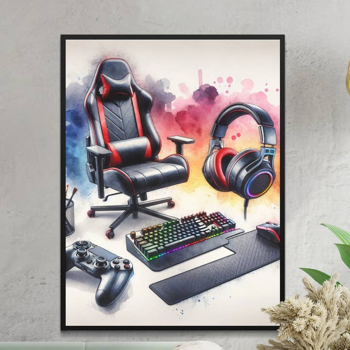 Färgglad väggkonst för spelare, spelstol, hörlurar och tangentbordsaffisch, levande videospeldekor, canvastryck för spelrum för wholesale av FreakyTeeFactory