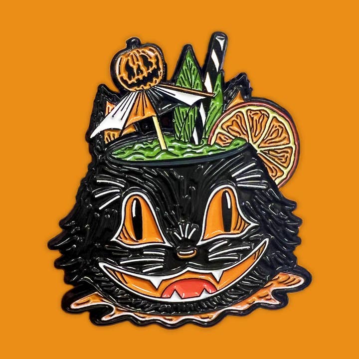 Carrie Anne Hudson Art - Wholesale Lapel Pin/Button - Summerween Pin, Vintage Halloween Black Cat, Hallowtiki0