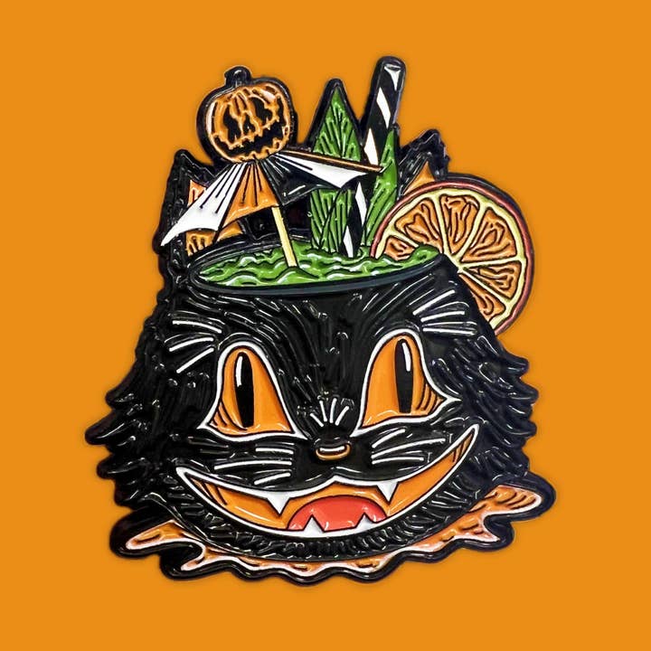 Carrie Anne Hudson Art - Wholesale Lapel Pin/Button - Vintage Halloween Black Cat - Summerween Tiki Enamel Pin