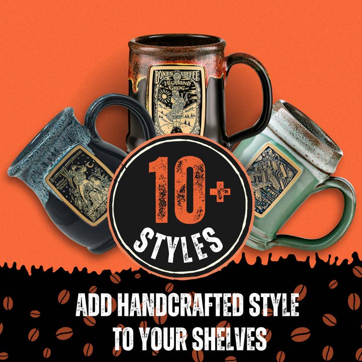 Bones Coffee Company - Wholesale Coffee Mug - Skull Logo Handthrown Mug | Black Coffee Mug | 14 oz