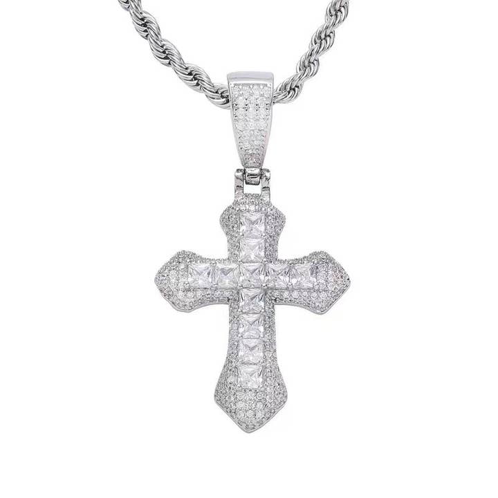 Studded Cross Necklace in Silver with twisted chain for wholesale by Gemscape UK