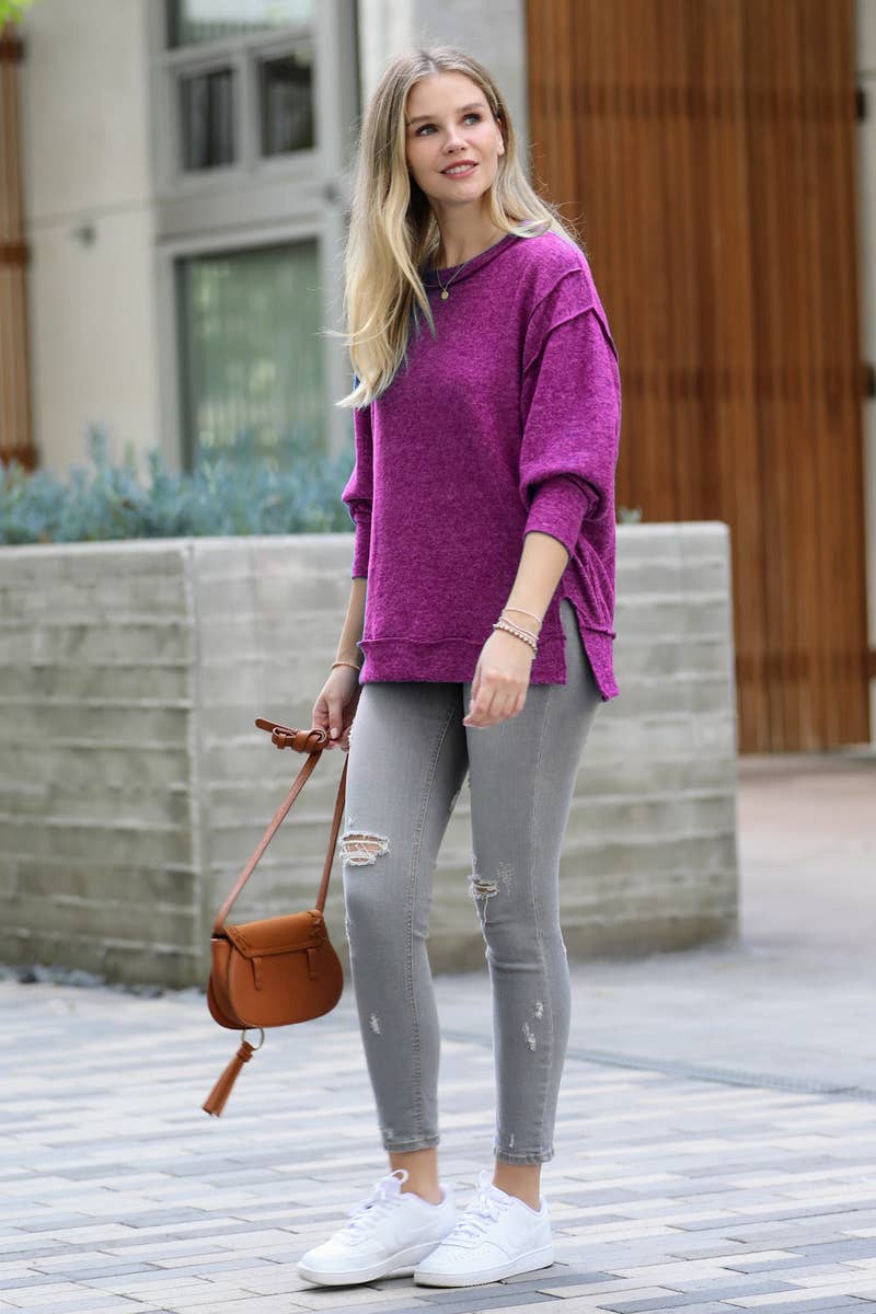 42POPS - Wholesale Knit Sweater - Women's - `.Brushed Melange Hacci Exposed Seam Sweater W/ Side30