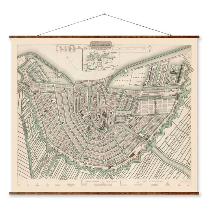Kort over Amsterdam Vintage europæisk bykort på klar til at hænge nedrullet lærred Dekorativt antik vægdekorationskort Rulle over Holland for engroshandel hos Maps Vintage