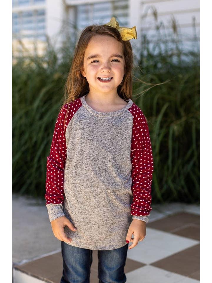Girls' Grey Longsleeve Tee with Polka Dot Print Sleeves for wholesale on Faire1