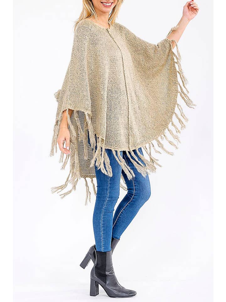 TAUPE FRINGE TASSEL TIE FRINGE HEM SWEATER KNIT PONCHO for wholesale on Faire1