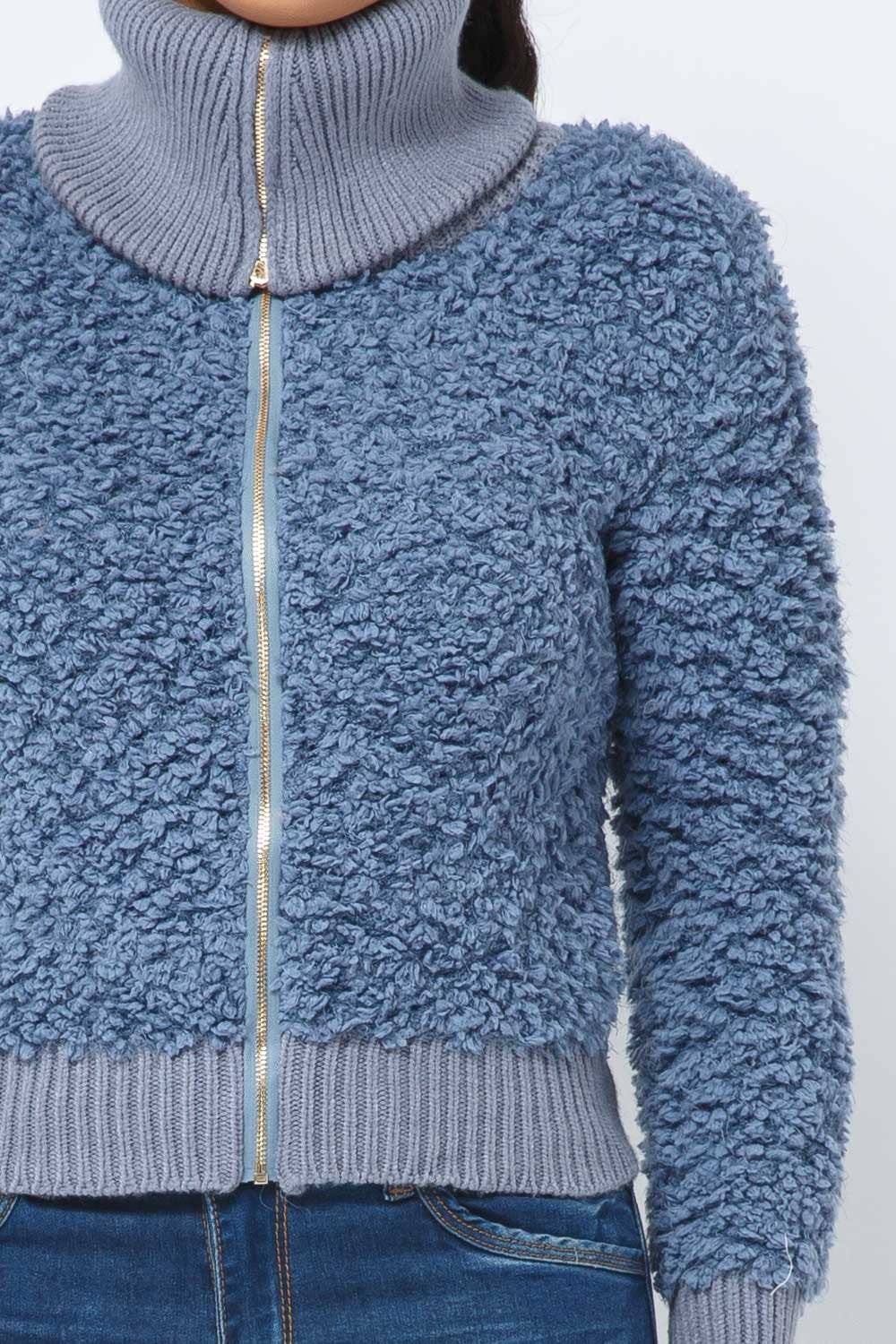 Dusty Blue Long Sleeve Shaggy Jacket With Front Zipper for wholesale on Faire6