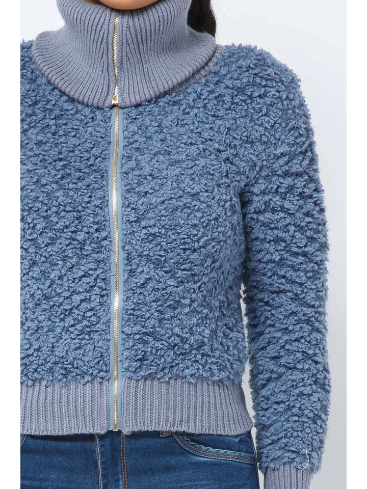Dusty Blue Long Sleeve Shaggy Jacket With Front Zipper for wholesale on Faire6