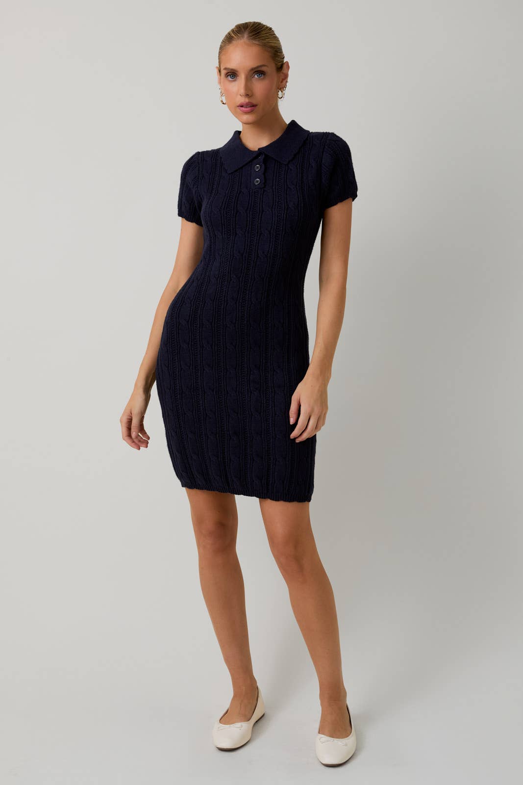 NAVY COLLAR SCALLOP DETAIL CABLE KNIT SWEATER MIDI DRESS for wholesale on Faire3