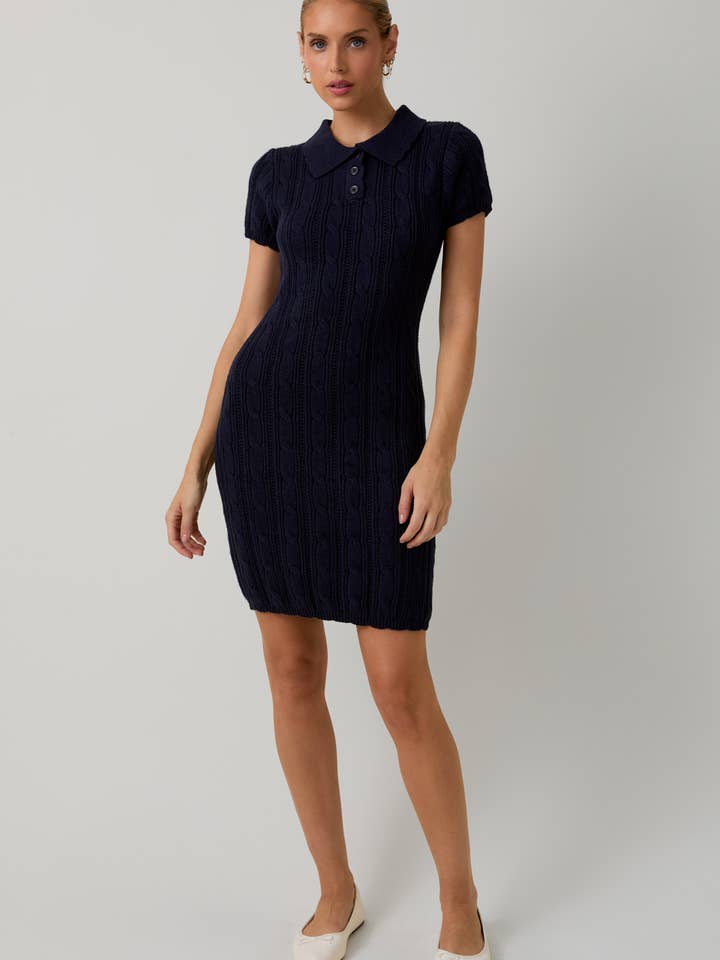 NAVY COLLAR SCALLOP DETAIL CABLE KNIT SWEATER MIDI DRESS for wholesale on Faire3