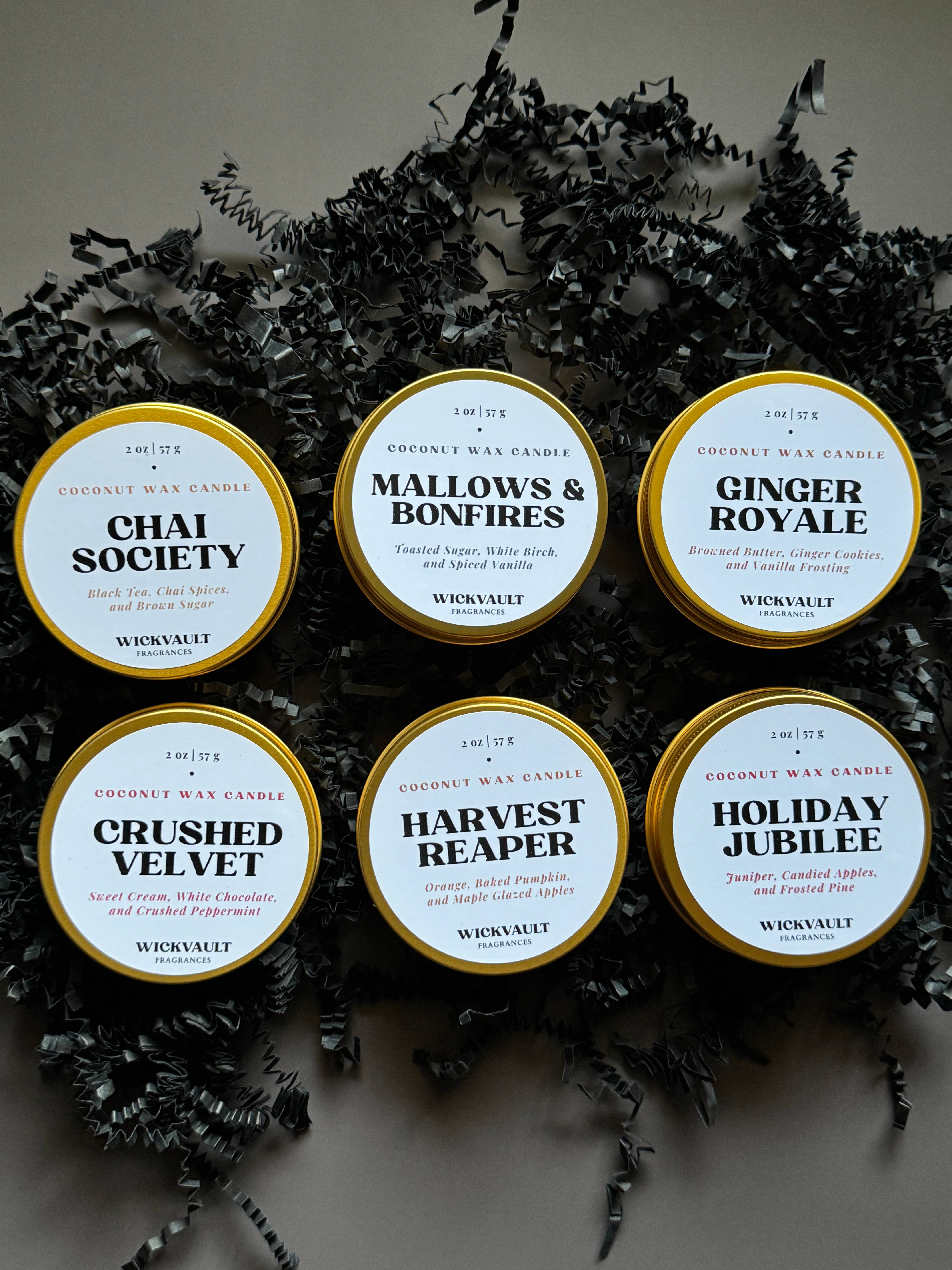 Wick Vault Fragrances - Wholesale Travel Candles - Fall & Holiday Scents 2oz Gold Candle Tin Gift Sample Pack1