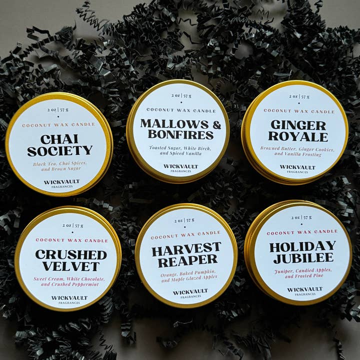 Wick Vault Fragrances - Wholesale Travel Candles - Fall & Holiday Scents 2oz Gold Candle Tin Gift Sample Pack1