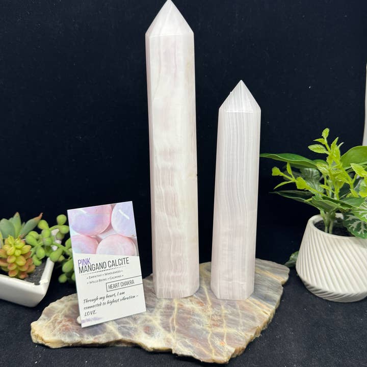 The 7 Directions - Wholesale Spiritual Stone/Crystal - 2 pc UV reactive Mangano calcite tower w/ info card F4441