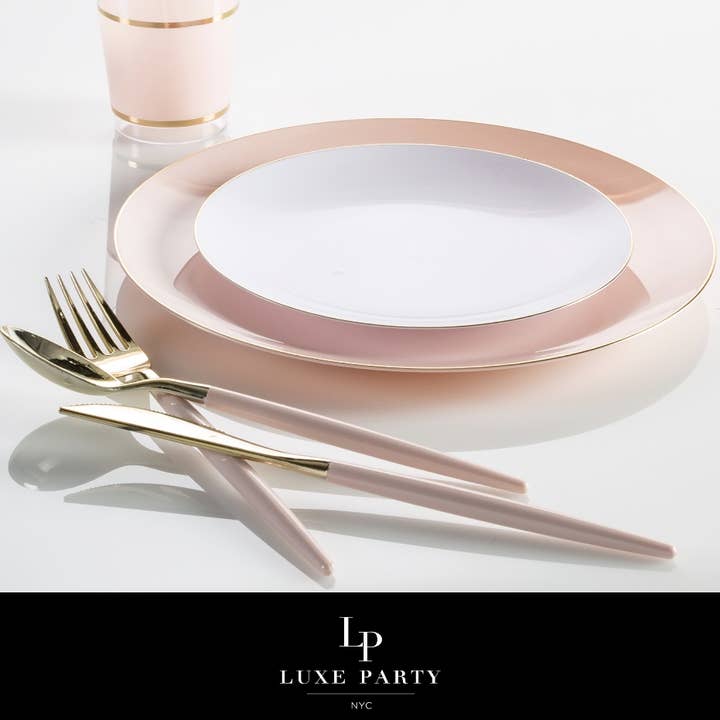 Luxe Party - Wholesale Disposable Servingware Set - Chic Round Blush and Gold Forks | 32 Pieces1