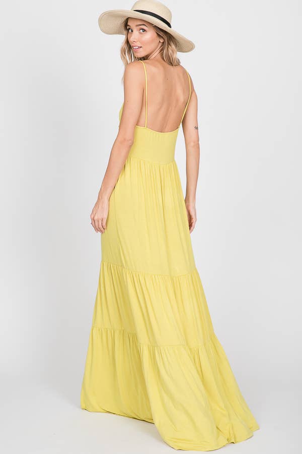 7th Ray - Vendita all'ingrosso Vestito - Donna - Abito lungo a balze con nodo frontale casual e spalline sottili D230711