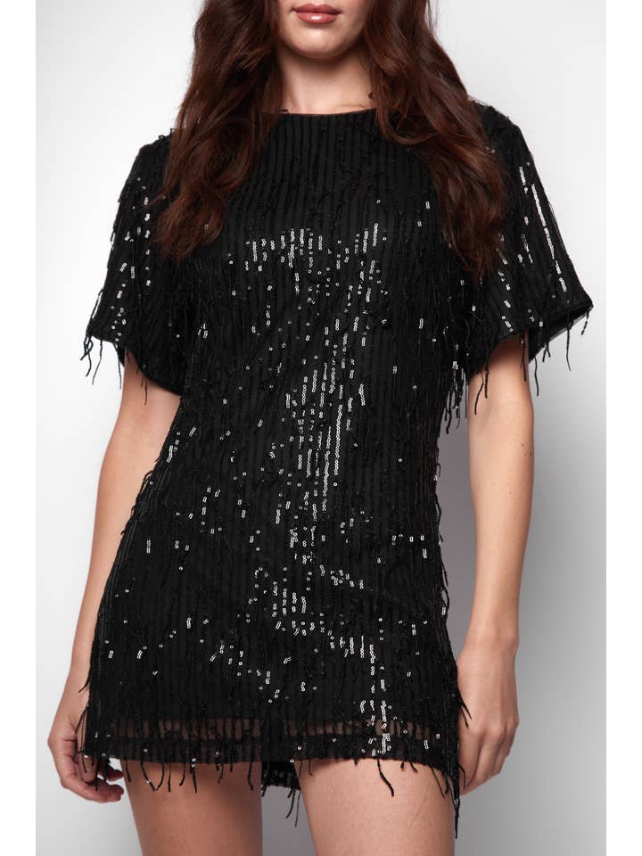 Jaded Rose - Wholesale Dress - Women's - Kimber Sequin Tunic Black Nila Tassel TShirt Dress