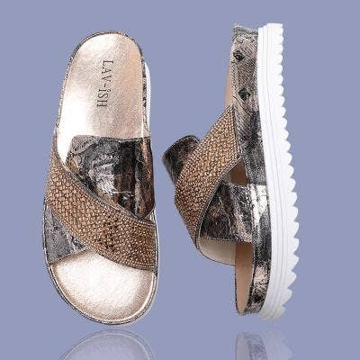 LAV-iSH/AIDANGUS PTY LTD - Wholesale Sandals – Women's - Gold Newspaper Print Sandals0