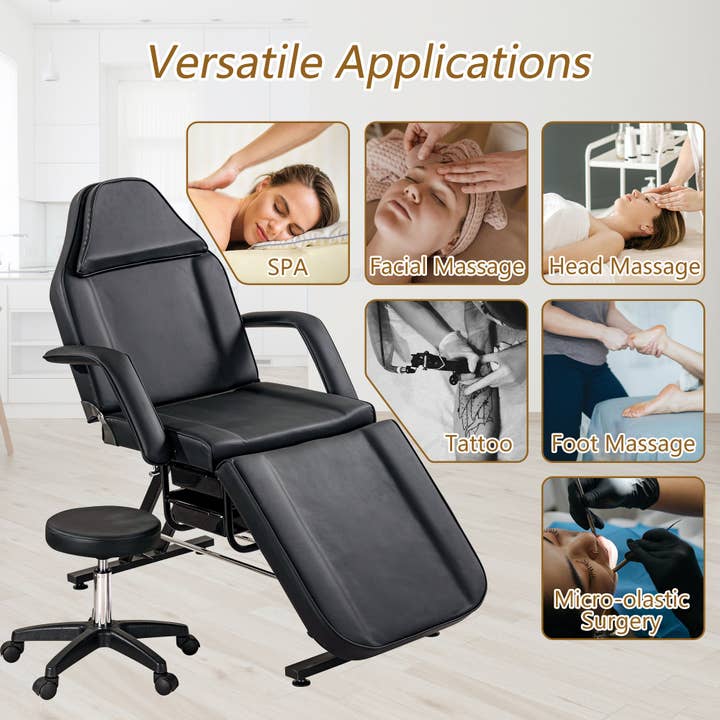 39F Inc. - Wholesale Chair - Massage Salon Tattoo Chair with Two Trays Esthetician Bed with Hydraulic Stool,Multi-Purpose 3-Section Facial Bed Table, Adjustable Beauty Barber Spa Beauty Equipment, Black