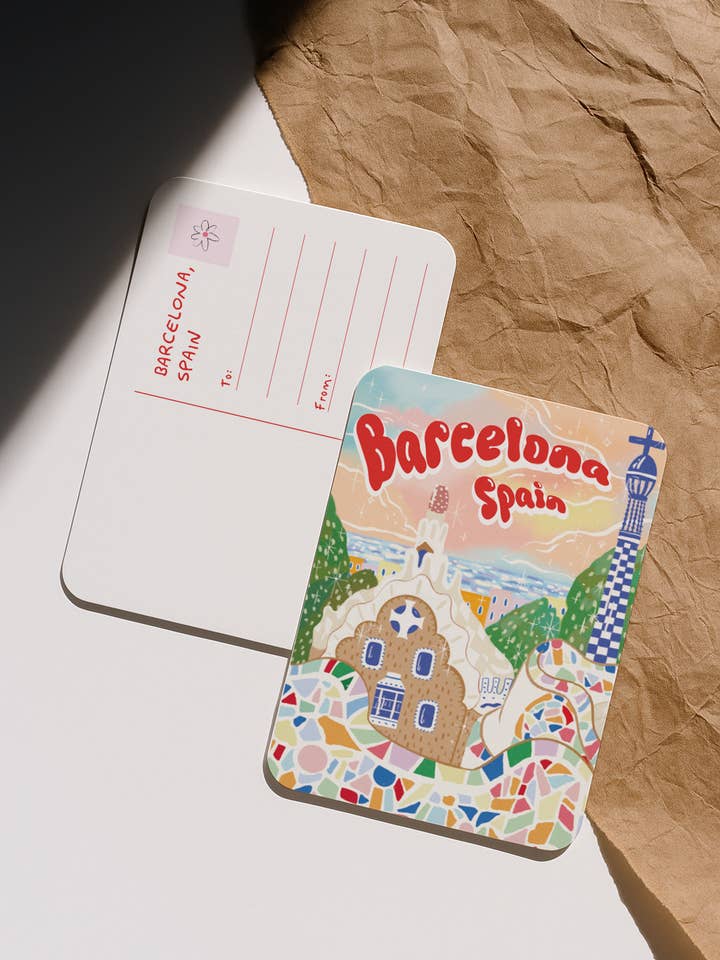 Barcelona Mosaic Dreams Postcard - Illustrated A6 Postcard for wholesale by Ziyi Studio