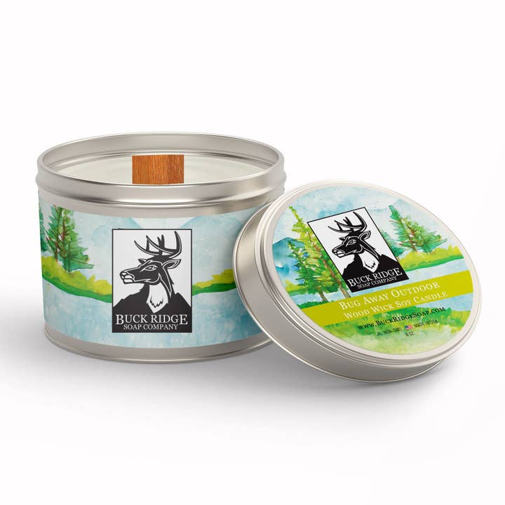 Bug Away Outdoor Sustainable Wood Wick Soy Candle for wholesale by Buck Ridge Soap Company