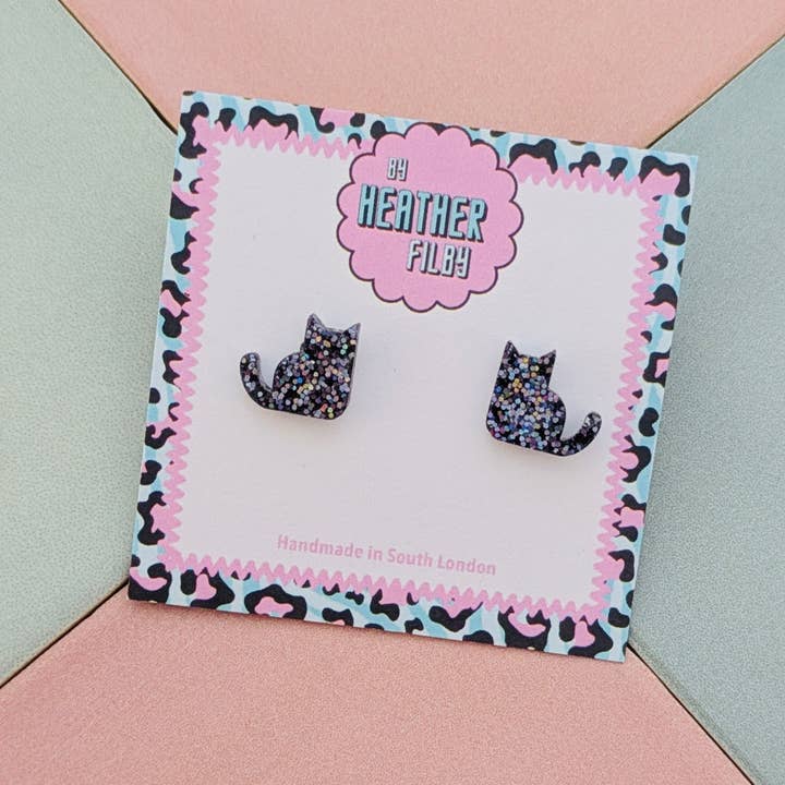 By Heather Filby – wholesale Stud/post earrings – Black Cat Glitter Stud Earrings - Best Seller2