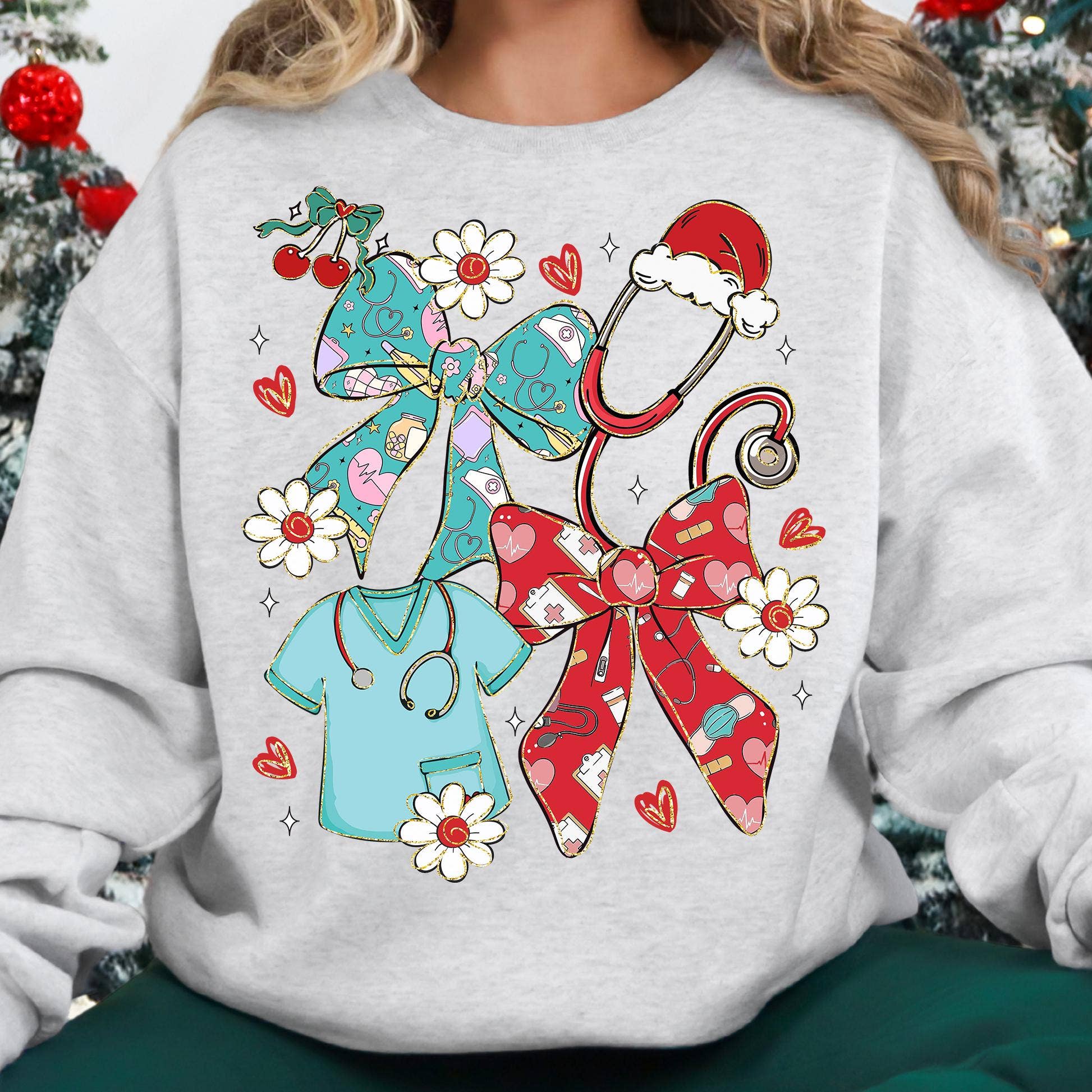 NVC Ecommerce LLC - Wholesale T-Shirt (Graphic) - Women's - Christmas Nurse Coquette Tee, Preppy Nurse Christmas Sweater5