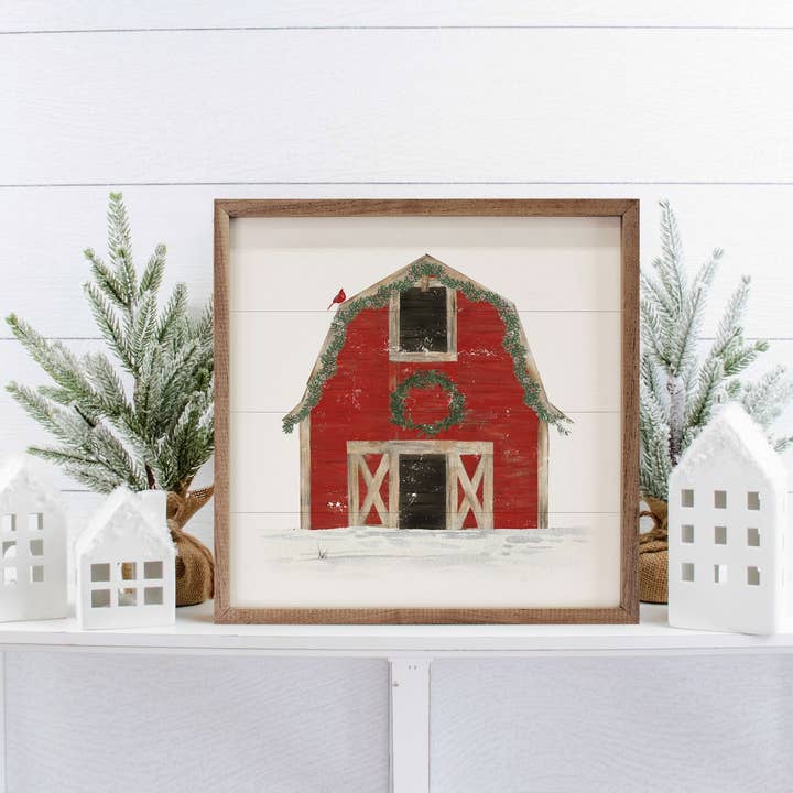 Kendrick Home - Wholesale Christmas Wall Art - Red Barn With Wreath Cardinal1
