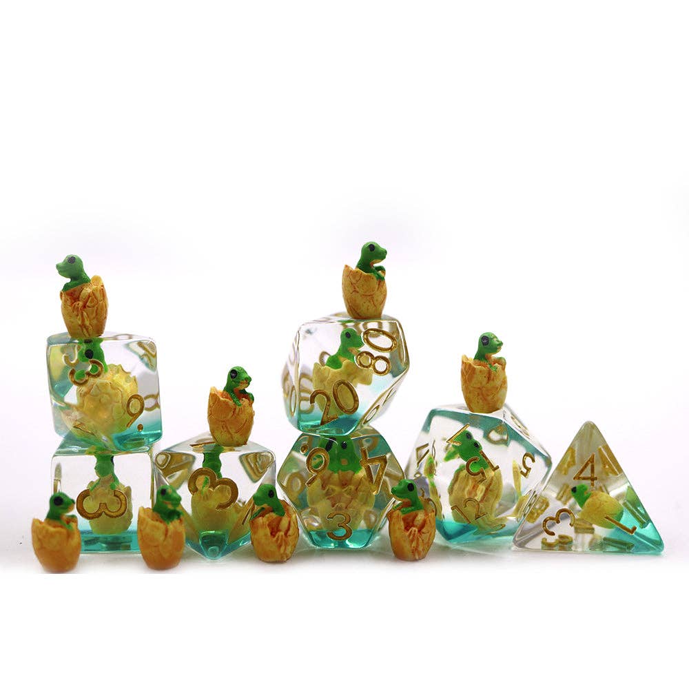 Tabletop Dominion Limited - Wholesale Dice - Green Hatchling Dragon | Resin Inclusion Dice | 7 Piece Set2