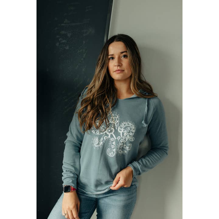 Women's Wave Cut Misty Blue Octopus Hoodie for wholesale by Alaska Creations