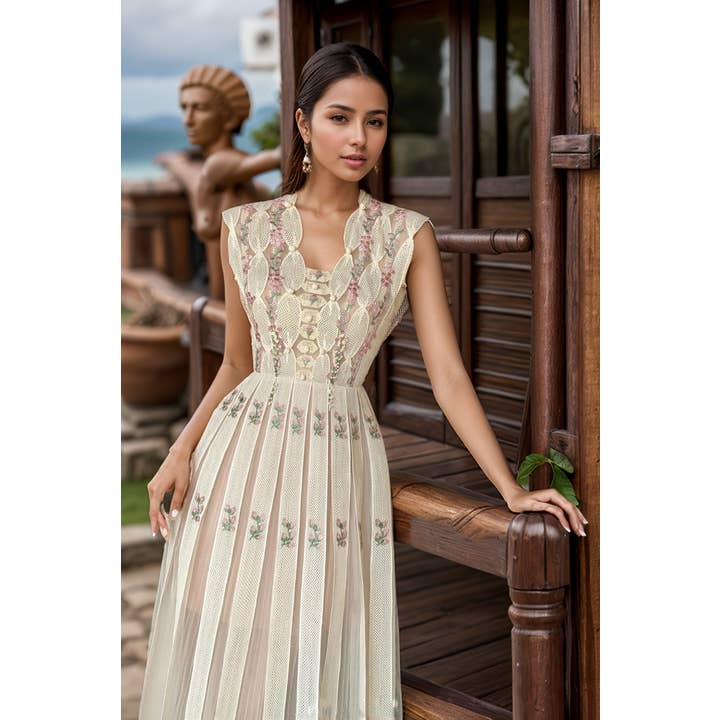 Robe florale sans manches à col en V brodée à la main DR586Y pour la vente par Productseeker