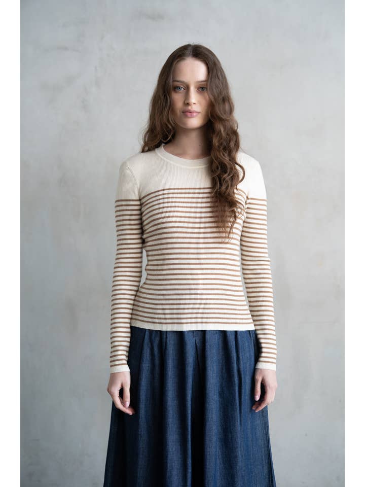 ELLE GREY - Wholesale Knit Sweater - Women's - STRIPED CREW NECK KNIT SWEATER2