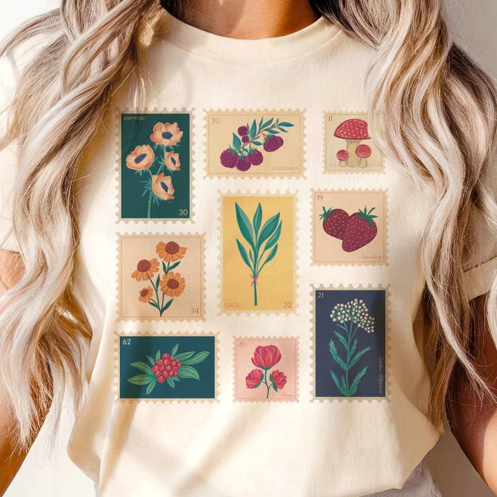 Par.tees by Party On! - Wholesale T-Shirt (Graphic) - Women's - Floral Stamp Vintage Retro Gardening Plant soft Graphic tee2