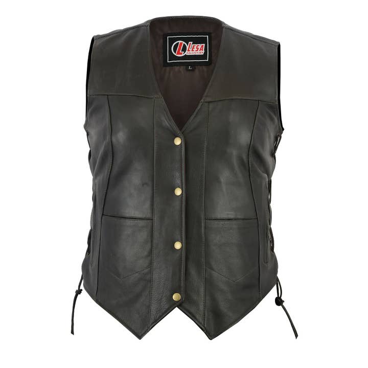 Women's Brown And Black Side Lace Leather 10 Pocket Vest for wholesale by Lesa collection