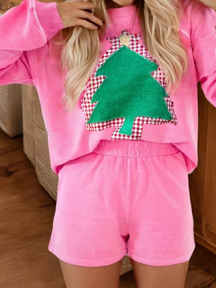 LDC Christmas Tree Patched Raglan Pullover 2pcs Short Set for wholesale by Little Daisy Closet